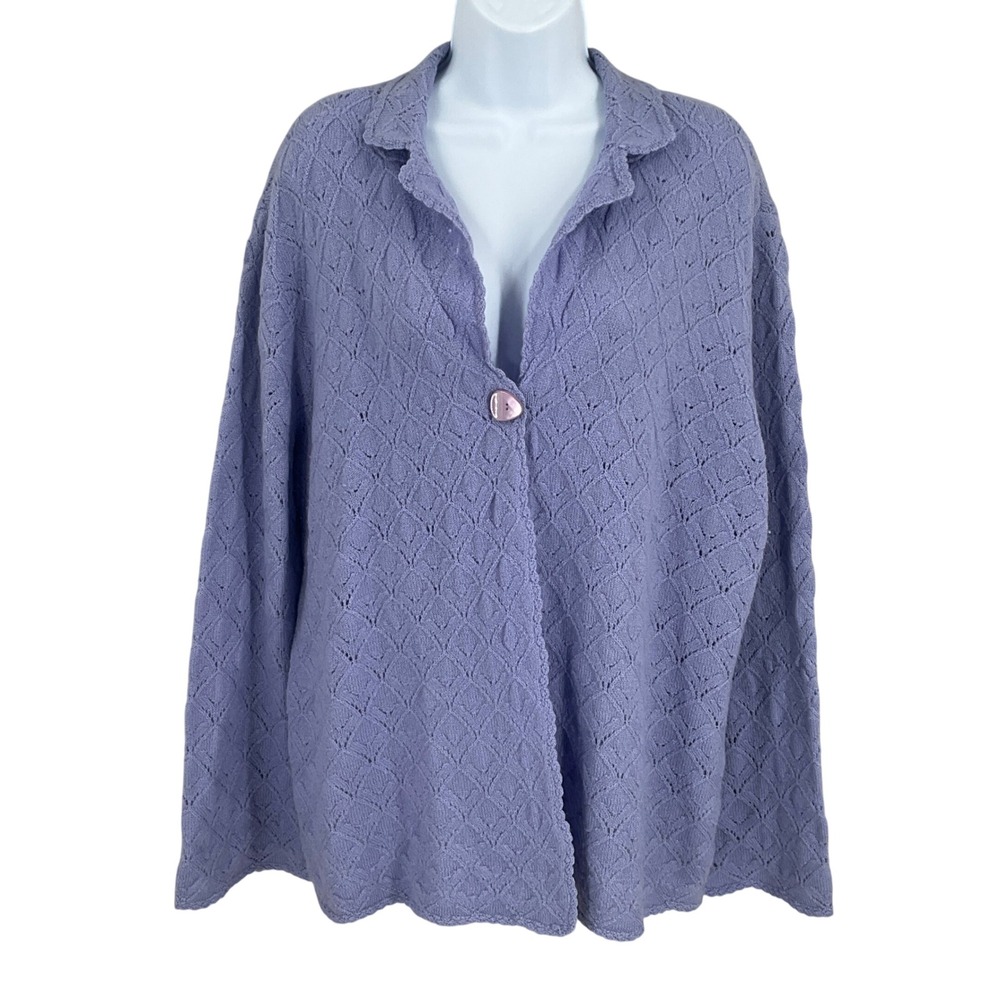 Pendleton Cardigan Women 2X Purple Merino Wool Pointelle Knit Peter Pan Collar‎